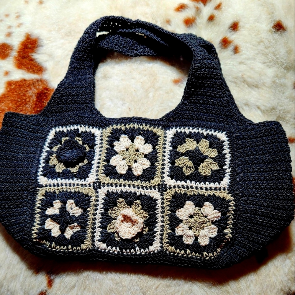 Crocheted granny square purse.  Black tan and ivory. 11.5"x6" Cotton blend lined